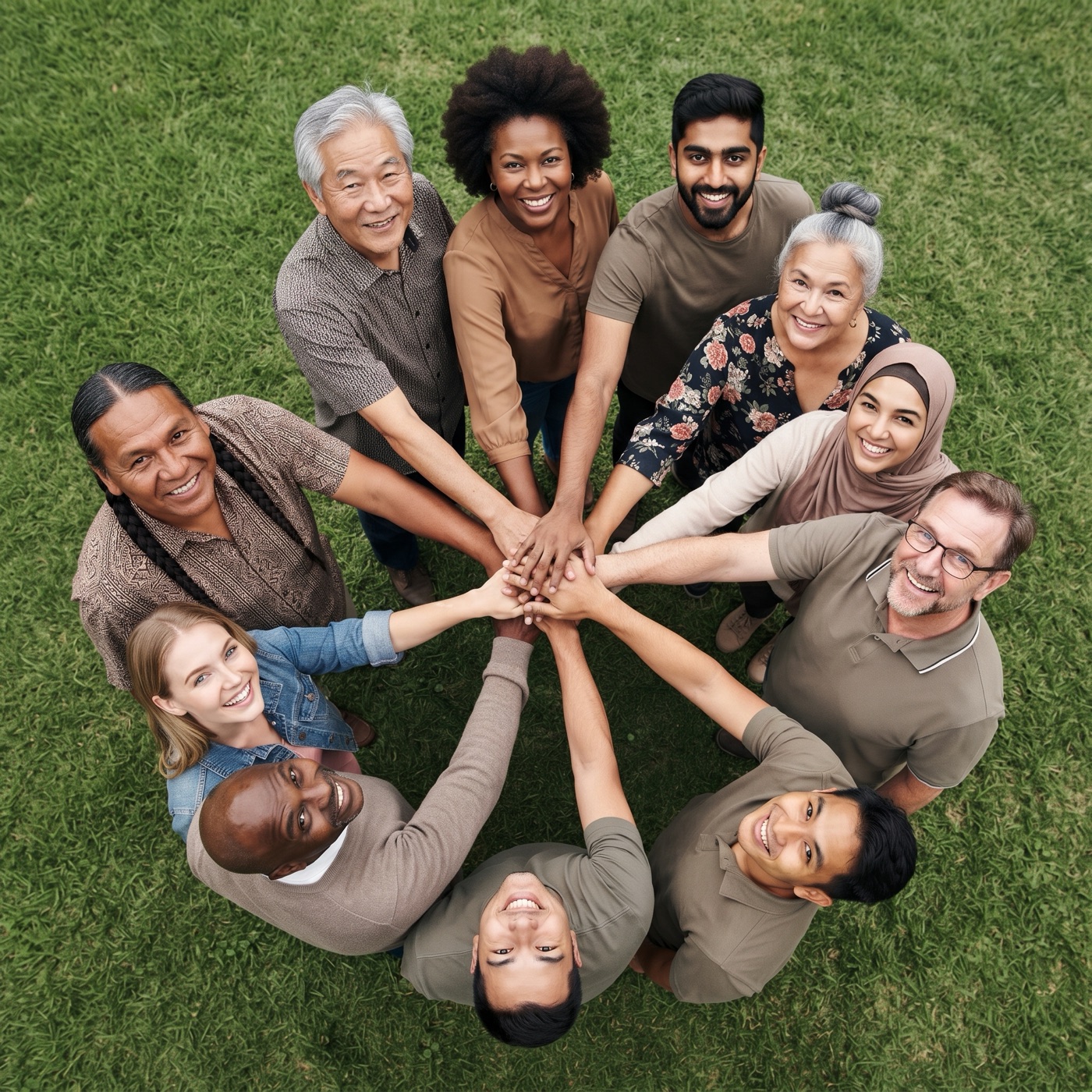 Diverse group putting hands together in unity